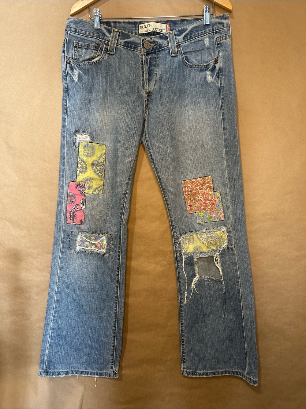 Levi’s Slouch Boot Cut Jeans 11 M Patchwork Distressed Y2K Boho Denim